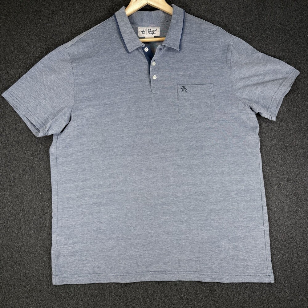 Original Penguin Mens XL Gray Blue Short Sleeve Pocket Polo Shirt Navy Trim